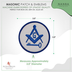 Patch brodé maçonnique avec équerre et compas, symbole clé, bleu et blanc, diamètre 3 pouces - Product Image 3