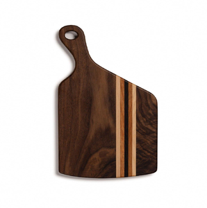 Tabla de cortar moderna de madera oscura con incrustaciones a rayas, disponible a precios de mayorista para un estilo de cocina y servicio artesanal de primera calidad. - Product Image 1