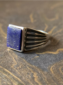 Men's <b>Lapis</b> Signet <b>Ring</b> Vintage Oxidized 925 Silver Striped Shank Natural Blue Stone Statement Jewelry - Product Image 2