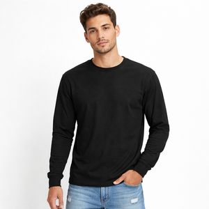 Camiseta de manga larga para hombre, de algodón premium, cuello redondo, color sólido, informal, cuello redondo, tela suave y cómoda, venta al por mayor. - Product Image 3