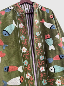 Veste en velours à col mandarin brodée à la main avec motif de poisson, manches longues, style blouson, pour adulte, à porter en automne - Product Image 5