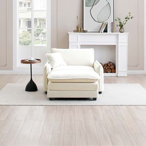 Divano Singolo Profondo in Corduroy Bianco con Poggiapiedi e Cuscino, Arredamento Versatile per Soggiorno, Camera da Letto, Club e Molteplici Occasioni - Product Image 2