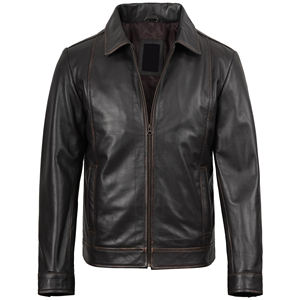 Men's Genuine <b>Leather</b> <b>Jacket</b> Moto Biker Style Turn-Down Collar Zipper Closure Solid Color Regular Fit Autumn Wear - Product Image 3