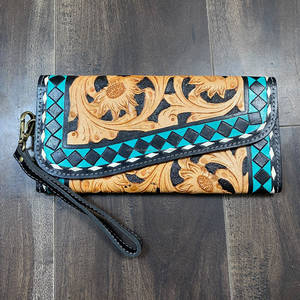 Cartera de mano de cuero repujado estilo occidental con estampado floral a cuadros para mujer, tarjetero para tarjetas de crédito y monedero de muñeca para uso diario - Product Image 3