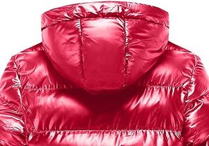 Red Coated Canvas Glossy Puffer Jacket Windproof Breathable <b>Winter</b> Hooded with Patchwork Nylon Hoodie Zipper Up Bubble Jackets - Product Image 3