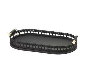 Luxury <b>Black</b> Oval Rattan <b>Tray</b> Handcrafted Wicker <b>Serving</b> Platter With Elegant Metal And Leather Wrapped Handles For Home Decor - Product Image 1