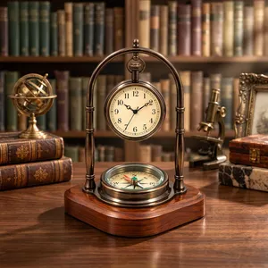 Horloge de bureau nautique vintage avec boussole, horloge murale antique en métal sur base en bois, décoration de bureau maritime de luxe, classique - Product Image 5