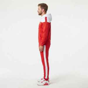 Hawk Eye Men's Red <b>White</b> Solid Breathable 100% Cotton Hooded <b>Tracksuit</b> Full Length Casual Sportswear Set with Side Pockets - Product Image 3