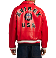 Veste en cuir rouge Avirex avec patch brodé, col rabattu, fermeture éclair, couleur rouge, vestes en cuir Avirex pour l'hiver, pour hommes