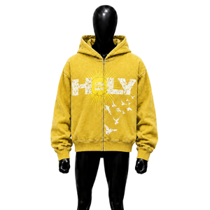 Sweat à capuche zippé jaune avec motif oiseau soleil sacré, coupe oversize, style streetwear vintage, imprimé vieilli, décontracté, unisexe, urbain - Product Image 1