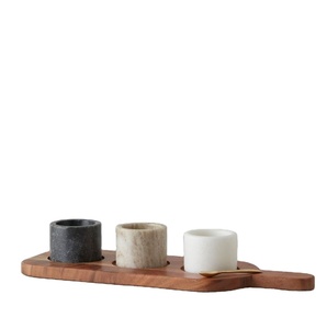 Modern Marble Bowl Set with Wooden Handle Tray Three Cup Serving Set Condiment Holder Salt <b>Spice</b> Server Luxury Kitchen Tabletop - Product Image 1