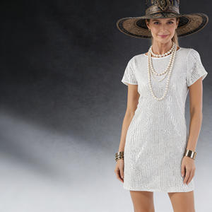 Gran oferta en Temu: vestido camiseta de manga corta con lentejuelas blancas para mujer, vestido casual de fiesta, mini vestido de cóctel. - Product Image 1