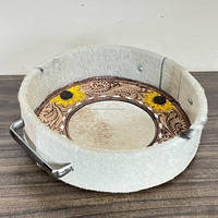 Plateau de service en cuir véritable, cuir de vachette travaillé, avec motif floral tournesol et poignées métalliques, pour la décoration de la maison et les cadeaux