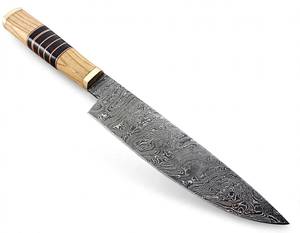 Herramienta de cocina de acero damasco con patrón retorcido hecho a mano, mango de madera de olivo y collar de latón. - Product Image 1