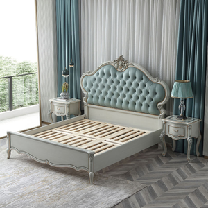 Cama King Size de Lujo Estilo Francés, Cabecera Tapizada Azul con Botones, Estructura de Madera de Caoba Tallada, Muebles Elegantes para Dormitorio de Hotel - Product Image 2