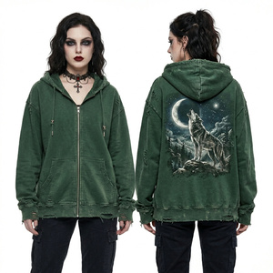 Sudadera con capucha vintage verde bosque para mujer, con cremallera, diseño gráfico de lobo y luna, estilo urbano desgastado, de forro polar oversize. - Product Image 1