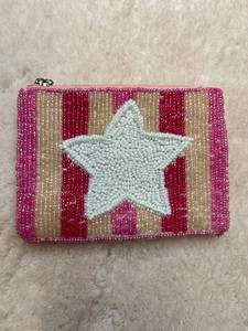 Bolso de Mano Hecho a Mano con Cuentas, Forma Rectangular, Rayas Rosas, Bordado de Estrella Blanca, Punto de Cruz, Costura - Product Image 1