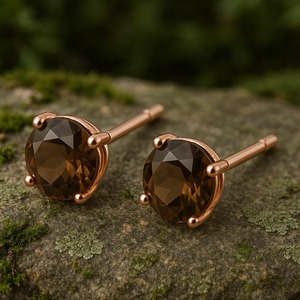 Boucles d'oreilles clous en argent 925 avec quartz fumé rond, sertissage griffe, bijoux classiques pour femme, à porter au quotidien - Product Image 2