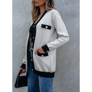 2025 femmes ouvert devant Plaid Cardigan chandails boutonné gros tricot vestes avec poches pour la saison automne/hiver - Product Image 3