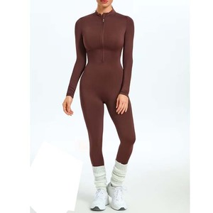 Combinaison gainante taille haute à manches longues unie avec fermeture éclair sur le devant pour femme, effet ventre plat, idéale pour le yoga - Product Image 6