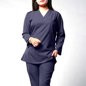 Women's Navy Blue Medical <b>Scrub</b> <b>Set</b> Long Sleeve V Neck Nursing Uniform Breathable Hospital Healthcare Workwear Custom OEM ODM - Product Image 1