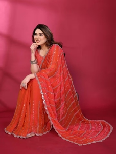 KV <b>Red</b> Embellished/Sequined <b>Saree</b> With Unstitched Blouse - Product Image 6