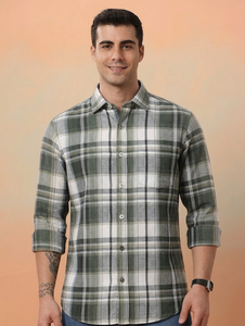 Men's <b>Green</b> <b>White</b> <b>Stripes</b> Full Sleeve Double Breasted Woven Cotton Flannel Casual <b>Shirt</b> Turn-down Collar Breathable Summer Style - Product Image 1