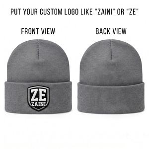 ZAINI Premium 280 GSM Acrylic Rib Knit Winter Beanie Cap Grey Warm Stretch Cuff with Custom Embroidered Patch Logo Unisex - Product Image 1