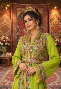 Lime Radiance Lime Green Plum Velvet <b>Moroccan</b> <b>Dress</b> Intricate Hand Embroidery Muslim Women Sophisticated Maxi Breathable - Product Image 3