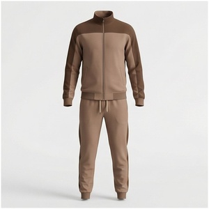 Ensemble de survêtement marron pour homme, manches longues, col montant, fermeture éclair sur le devant, couleur unie, respirant, coupe décontractée, vêtements d'automne - Product Image 1