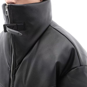 Chaqueta de Moto para Hombre, Negra, de Cuero PU, Cuello Alto, Cierre de Cremallera, Resistente al Viento, Corte Holgado, Corta, para Invierno - Product Image 4