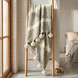 Couverture de canapé en coton vert sauge, texture en relief, couvre-lit, drap bohème à pompons, vente en gros - Product Image 1