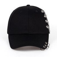 Casquette de baseball avec chaînes et anneaux métalliques, ajustable, unisexe, 6 panneaux, en jean, tissu courant, tenue décontractée pour adultes
