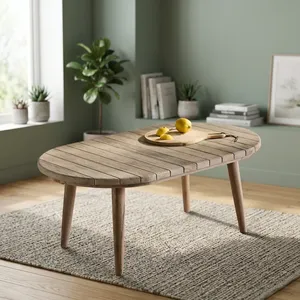 Table basse en teck pour terrasse avec plateau ovale en bois et pieds effilés pour salon, patio extérieur - Product Image 4