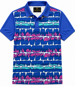 FURAT LEATHERS Men's Short Sleeve <b>Polo</b> <b>Shirt</b> Geometric Print <b>Navy</b> Orange Knitted Quick Dry Sporty Style - Product Image 2