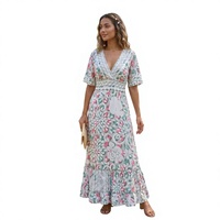 Taille Unique Y2K Doux et Élégant Bohème Indien Soie Tissée Coupe Trapèze Maxi Imprimé Floral Coréen Été Automne Col en V Manches Évasées Respirant