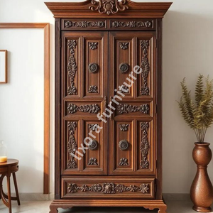 Luxury Handcrafted Solid Wood 2 Door <b>Wardrobe</b> Ornate Botanical Carving Premium Dark Walnut Armoire - Product Image 3
