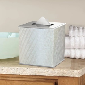 Luxury Textured White And Silver Facial Tissue Dispenser For Bedroom And Office <b>Desk</b> Premium Decorative Pearl Finish Tissue Box - Product Image 1