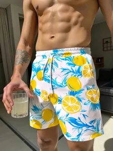 Shorts de Playa para Hombre con Estampado de Limones, Cintura con Cordón, Bolsillos, Secado Rápido, Traje de Baño con Patrón Blanco, Azul y Amarillo - Product Image 3