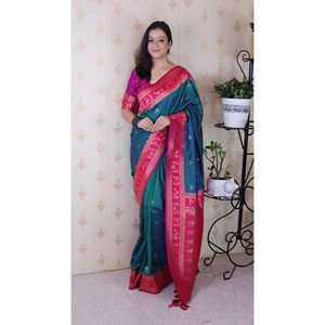 Green Soft Silk Zari Woven <b>Warli</b> Art Traditional Saree Indian & Pakistani Clothing by Elite Weaves 600g - Product Image 6