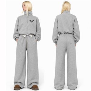 Ensemble de survêtement en polaire surdimensionné pour femme, gris, sweat-shirt zippé, pantalon de survêtement à jambes larges, ensemble décontracté pour l'hiver - Product Image 1