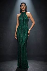 Robe de soirée élégante entièrement faite à la main, couleur vert émeraude, col halter, robe sirène entièrement pailletée, vente en gros - Product Image 4