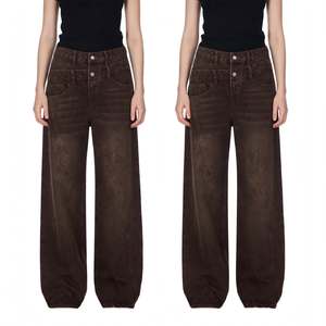Jeans de mezclilla 100% algodón para mujer, de cintura alta, pierna ancha, doble cintura, color marrón, tallas grandes, resistentes a la decoloración, transpirables y ecológicos. - Product Image 1