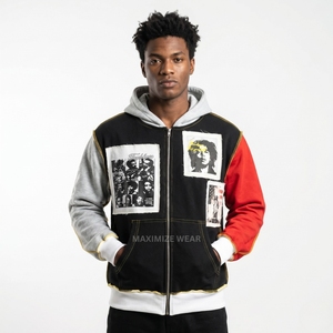 Sweat à capuche unisexe personnalisé style streetwear, coupe ample, patchwork, fermeture éclair, pour l'hiver |   Veste à capuche en polaire épaisse vintage, séchage rapide - Product Image 3