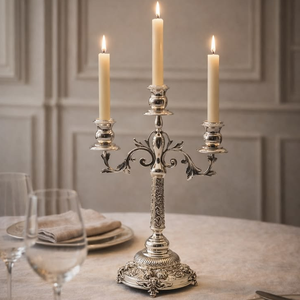 Gold wrought iron five <b>light</b> candelabra with delicate floral vine scroll accents, available at wholesale prices. - Product Image 6