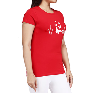 Camiseta de Verano de Manga Corta con Cuello Redondo Roja para Mujer, Estampado Personalizado de Mariposa y Latido de Corazón, Corte Regular, Informal, Tejido Acrílico de Secado Rápido - Product Image 3