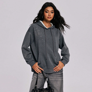 Sudadera Corta con Capucha Extra Grande para Mujer, Diseño Personalizado OEM, con Detalles de Lentejuelas, Hombros Caídos, Manga Larga, Gris, Tejida, para Otoño - Product Image 2