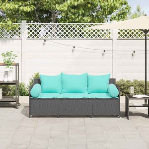Sofá de patio de ratán sintético negro de 3 plazas con cojines, sofás de jardín - Product Image 3