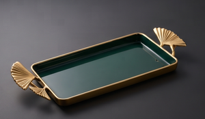 Plateau de service rectangulaire de luxe en émail vert avec poignées en feuille de Ginkgo, en métal doré poli, pour table basse, plateau de rangement, plat de service - Product Image 5