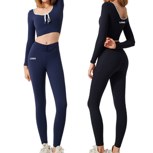 Ensemble de yoga premium 2 pièces pour femme 2026 – Haut court à manches longues couleur unie en Spandex et Polyester, extensible dans les quatre sens, sans coutures, pour l'entraînement - Product Image 1
